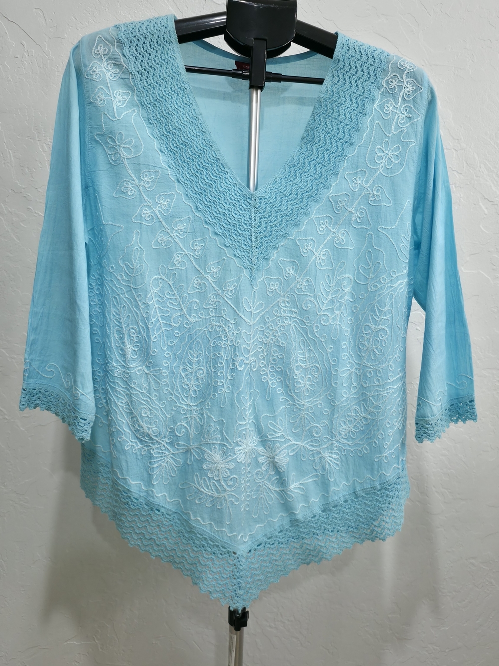 Light Blue Embroidered V-Neck Women's Top